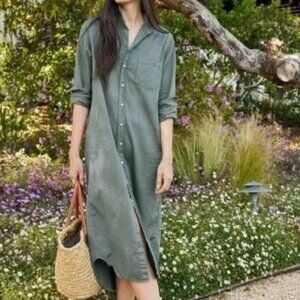 FRANK & EILEEN RORY TATTERED DENIM MAXI LENGTH SHIRT DRESS IN THYME SIZE M